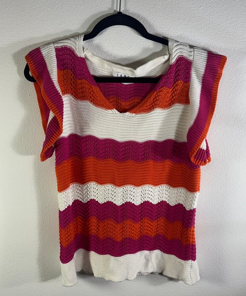 THML Crochet Knit Flutter Sleeve Sweater Top Pink Orange Ivory Cotton Medium